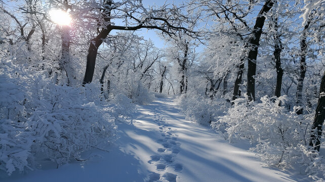 A serene winter landscape featuring a snow covered path with footprints winding through a frozen forest of bare trees under a bright sun. Ai generated