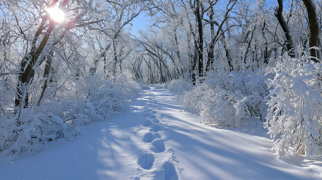 A serene winter landscape featuring a snow covered path with footprints winding through a frozen forest of bare trees under a bright sun. Ai generated