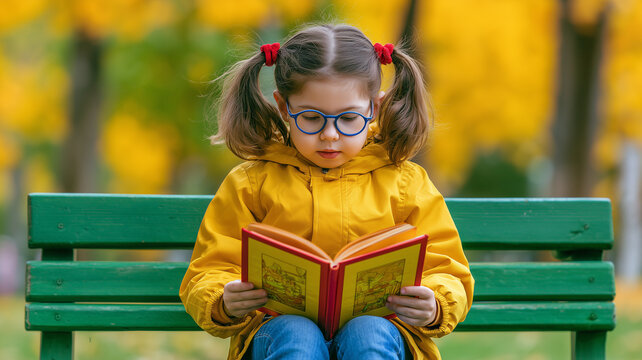 A young child wearing glasses and a yellow jacket while reading a book outdoors on a bench. Ai generated