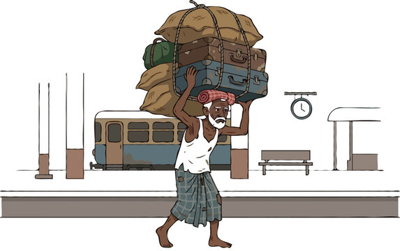 Elderly South Asian railway station porter carrying heavy pile of luggage bags on head coolie labor concept vector cartoon illustration