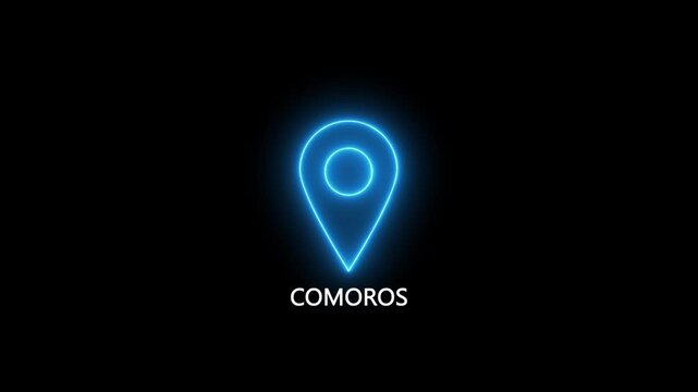 Neon blue location pin icon with the word COMOROS on a black background COMOROS map marker