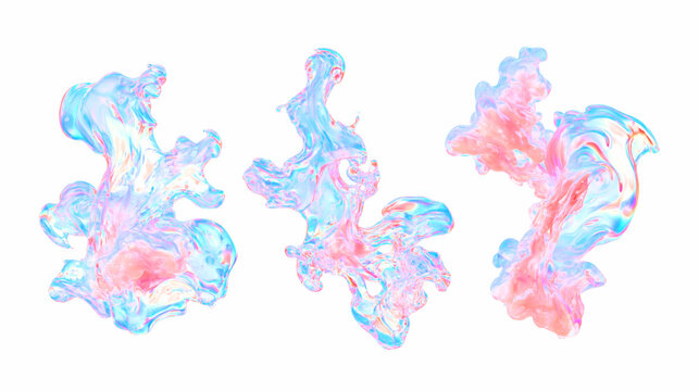 Three abstract iridescent colorful liquid splashes in pink and blue