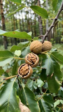 Macro 4K agricultural video showing clusters of ripe organic walnuts hanging from a tree branch with their green outer hulls cracking open to reveal the textured shell