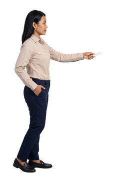 Businesswoman Handing Over Business Card in Side Profile