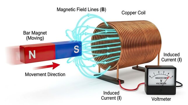 Bar magnet moving through copper coil induces electric current measured by voltmeter with magnet generates magnetic producing induced current lines cutting through magnetic field electromagnetism
