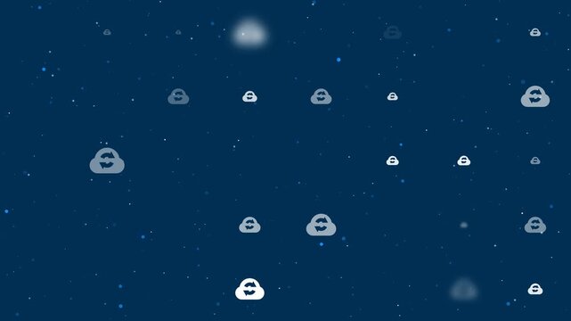 Template animation of evenly spaced cloud sync symbols of different sizes and opacity. Animation of transparency and size. Seamless looped 4k animation on dark blue background with stars