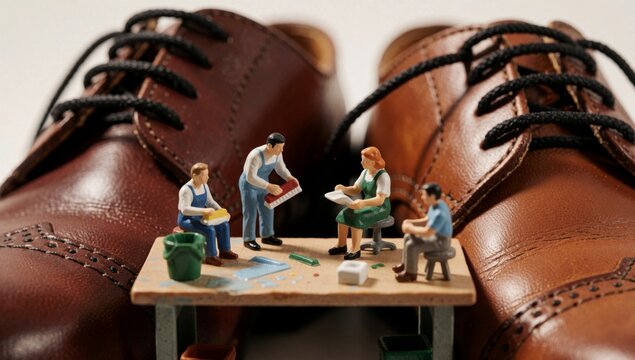 Miniature figurine group people working brown leather shoe placed top small wooden table pair shoes either sid