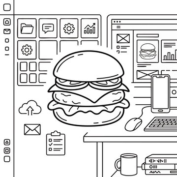 Minimalist handdrawn cheeseburger icon with tech doodles and snack elements, concept for fast food branding, app design, and casual dining menus