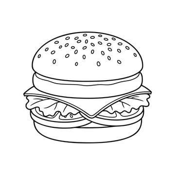 Minimalist handdrawn outline cheeseburger icon with sesame seeds, concept for fast food branding, digital menu design, and casual dining graphics