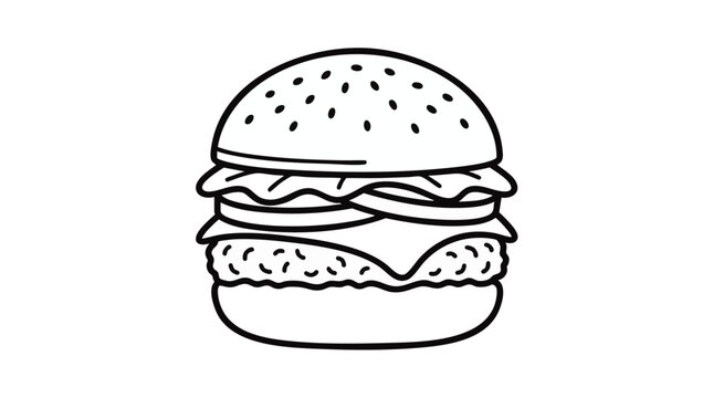 Minimalist handdrawn outline cheeseburger icon with clean sketch lines, concept for fast food branding, menu design, and casual snack illustration