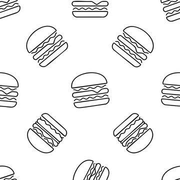 Minimalist hand-drawn burger icons in monochrome outline pattern, concept for fast food branding, menu design, and casual dining graphics