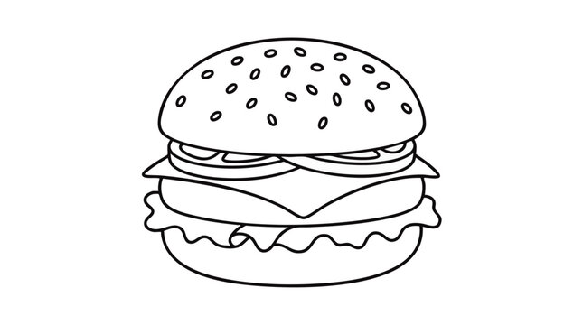 Minimalist handdrawn outline cheeseburger icon with sesame seeds, concept for fast food branding, digital menu design, and casual dining illustrations