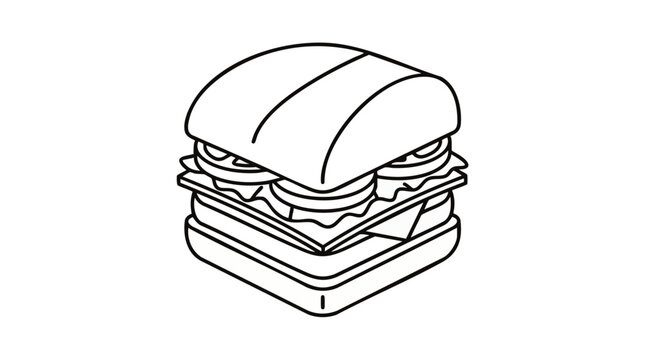 Minimalist handdrawn outline cheeseburger icon with layered stack detail, concept for fast food branding, menu design, and casual dining graphics