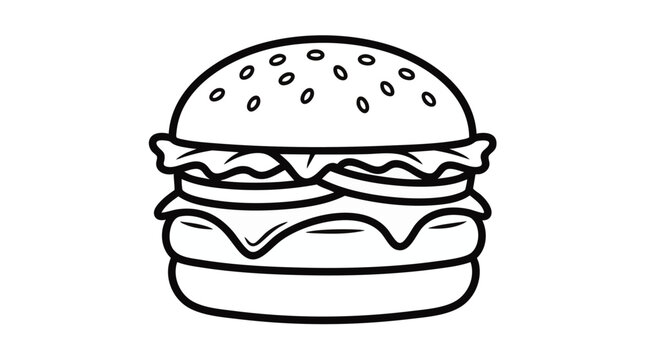 Minimalist handdrawn outline cheeseburger icon with sesame seed bun, concept for fast food branding, menu design, and casual dining graphics