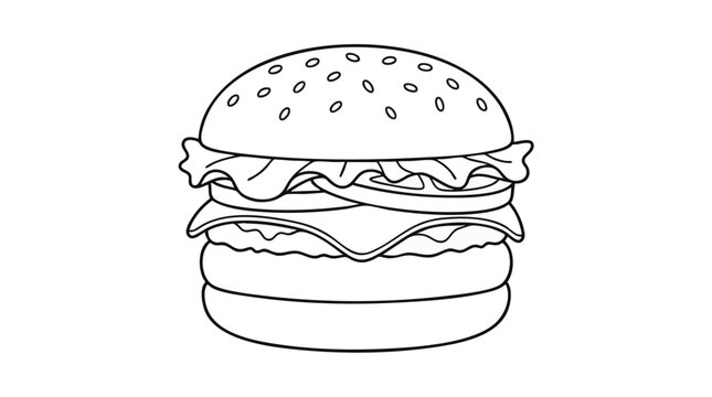 Minimalist handdrawn outline cheeseburger icon with sesame seed bun, concept for fast food branding, menu design, and casual dining graphics