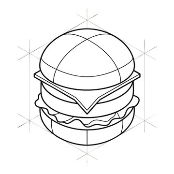 Minimalist handdrawn outline cheeseburger icon with clean lines, concept for fast food branding, menu design, and casual snack illustration