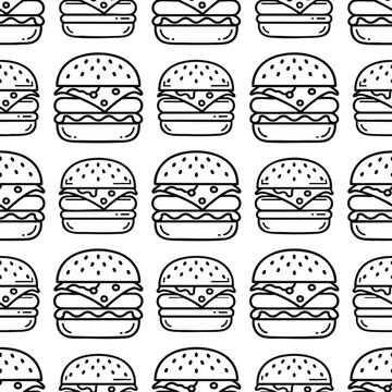 Minimalist handdrawn outline cheeseburger pattern with repetitive graphic design, concept for fast food branding, menu illustrations and casual dining decor