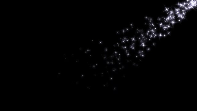 Magical fairy dust silver stars drifting in shooting comet trail, glowing magic wand sparkle stream reveal transition overlay animation, enchanted space asset visual on black background. 4k video
