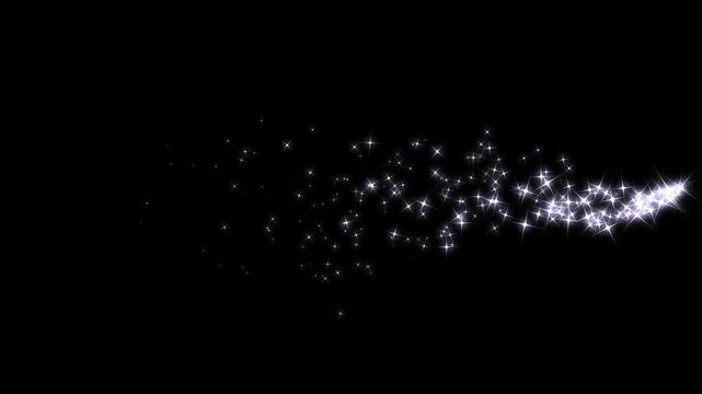 Sparkling silver comet tail stars gliding across dark frame, magical fairy dust light trail reveal transition overlay animation, cosmic fantasy meteor stream visual on black background. 4k video