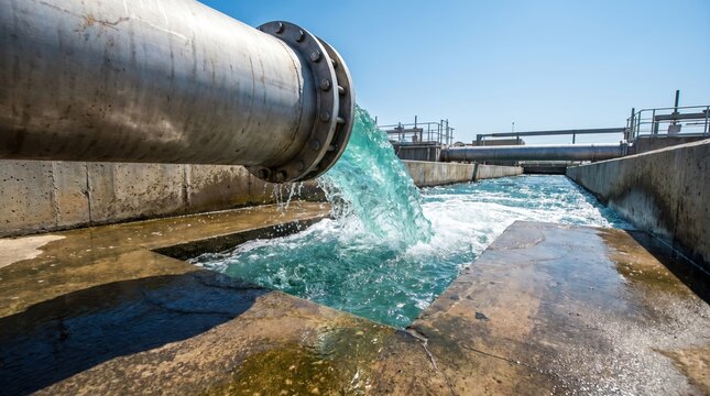 large metal industrial pipe discharging treated water into a concrete channel at an outdoor wastewater treatment facility