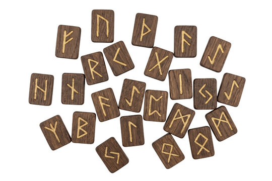 Set of carved wooden rune stones isolated on a transparent or white background. Traditional astrology equipment, mystic esoteric fortune telling and spiritual occult divination.