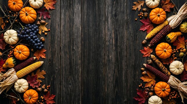 Autumn harvest border with pumpkins, corn, grapes, and fall leaves on a rustic dark wooden background, top view with copy space for thanksgiving greeting