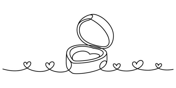 Continuous one line drawing of an open heart shaped ring box with small hearts on the sides Vector, illustration