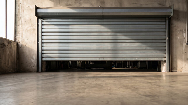 Industrial garage door partially open concrete floor
