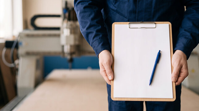Worker holding clipboard with pen near machine