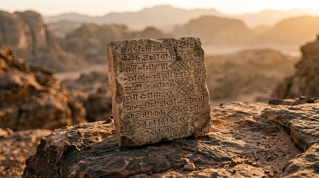 Ancient stone tablet with cuneiform carvings resting on rocky surface in arid desert landscape with mountains with Weathered stone slab cuneiform inscriptions sitting rocks dry desert environment old