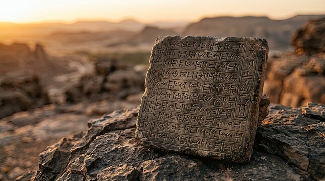 Ancient stone tablet with cuneiform inscriptions resting on rugged rocks in desert landscape with Weathered stone slab carved symbols stands rocky ground arid wilderness communication civilization