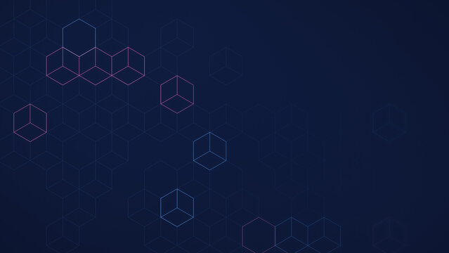 Isometric cube outline pattern on a dark navy blue background, minimal geometric banner