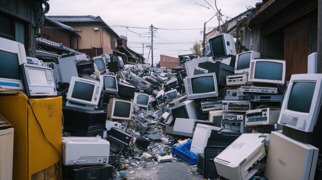 Obsolete monitors and CRT televisions pile up in an alleyway as electronic waste.
