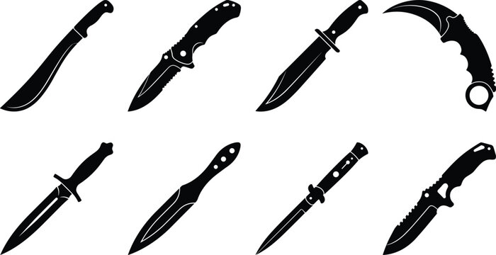 Set of vector silhouette icons featuring various tactical and survival knives, daggers, and machetes for outdoor gear
