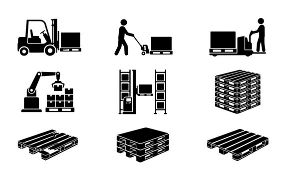 Warehouse logistics icon set, industrial forklift and pallet jack silhouettes, 9 vector elements for shipping and storage