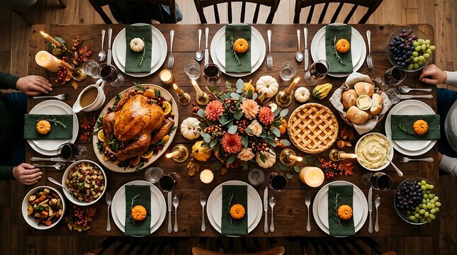 Topdown view of a festive thanksgiving dinner table setting with a roasted turkey, pumpkin pie, side dishes, and autumn decorations for a family gathering