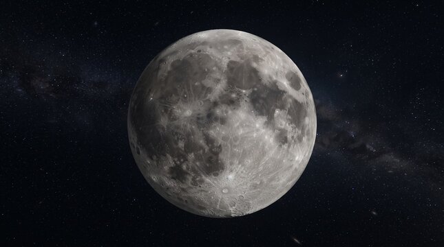 Highly detailed full moon shining bright against a dark starry sky background with faint milky way galaxy