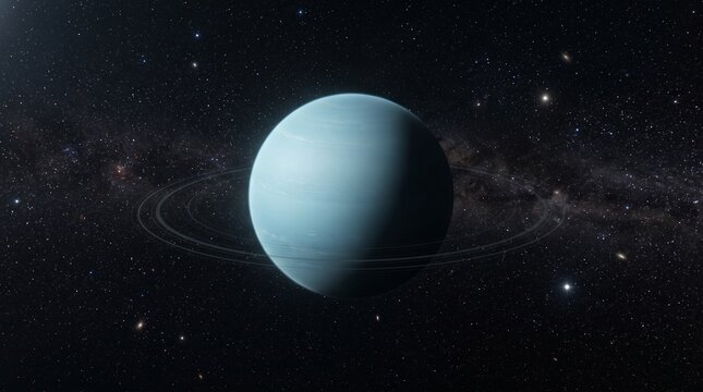 Majestic Uranus Planet with Rings against the Deep Space Background with Stars and Milky Way Galaxy Illustration