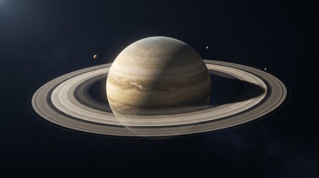 Stunning digital illustration of the planet Saturn with its prominent rings and distant moons in the dark expanse of deep space
