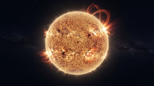 Vibrant illustration of a luminous star with intense solar flares and energetic coronal loops, highlighting cosmic power and magnetic phenomena in space