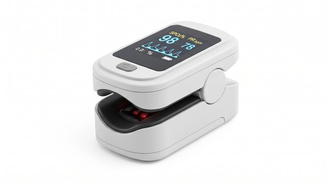 Portable fingertip pulse oximeter for measuring blood oxygen saturation and heart rate isolated on white background