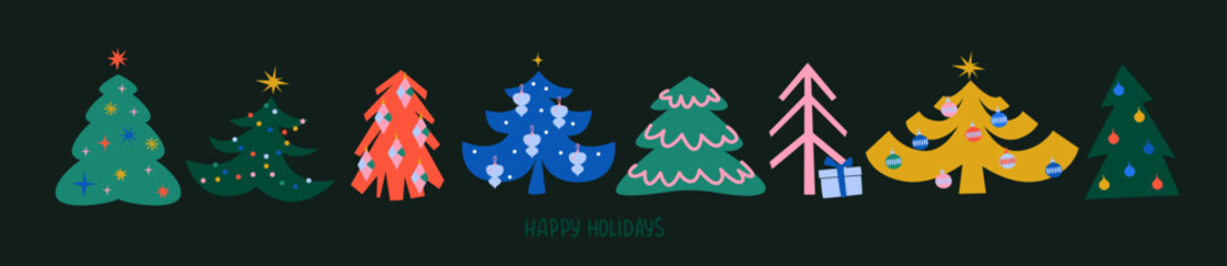 Obraz premium Hand-drawn vintage, retro style Christmas trees icon set. Christmas design elements, decorations, trees, snowflakes, baubles, toys, gifts. Colorful winter holiday isolated graphic elements. 