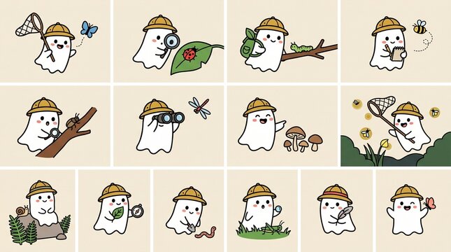 Cute Ghost Explorer Set Hunting Insects Bugs and Exploring Nature Kawaii Vector Character Illustrations