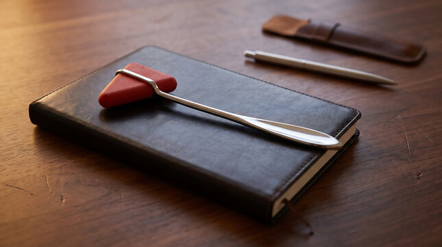 Medical reflex hammer resting on a black notebook on a wooden desk