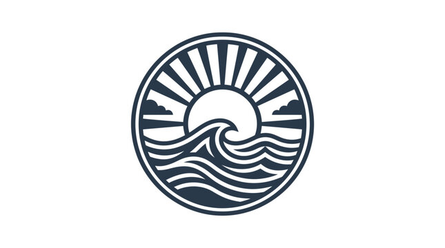 Stylized circular logo featuring a sun rising over ocean waves with clouds, rendered in a clean line art style.