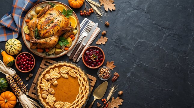 Thanksgiving dinner table setting with roasted turkey, pumpkin pie, cranberry sauce, and autumn decorations on a dark rustic background