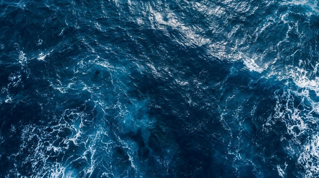 Aerial view of deep blue rough ocean water with white foam
