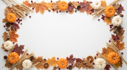Fototapeta premium Decorative thanksgiving border made of colorful autumn leaves and small pumpkins on a clean white background