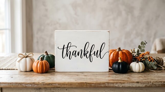 Rustic thanksgiving table centerpiece with a white wooden sign reading thankful, surrounded by decorative pumpkins and autumn foliage on a weathered wooden surface