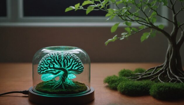 Conceptual 3d illustration of a glowing human brain growing as a green bonsai tree inside a glass jar